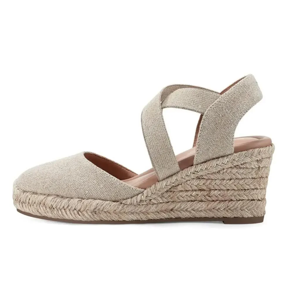 Easy Spirit Meza Sandals Women's 10B Gold Round Toe Espadrille Wedge Heel NCZ215